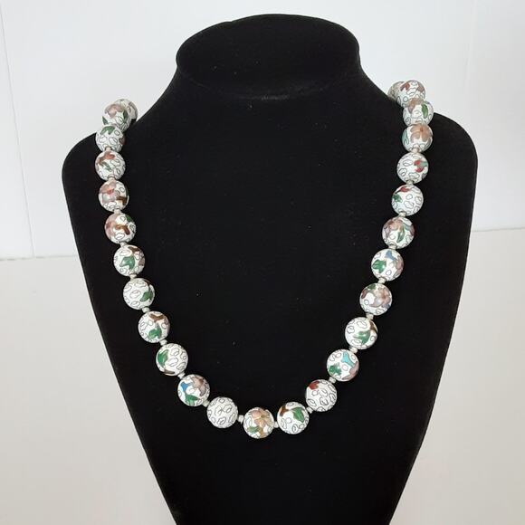 Vintage Chinese Cloisonné Bead Necklace Hand Knotted Enamel Flower Champleve - Picture 9 of 10